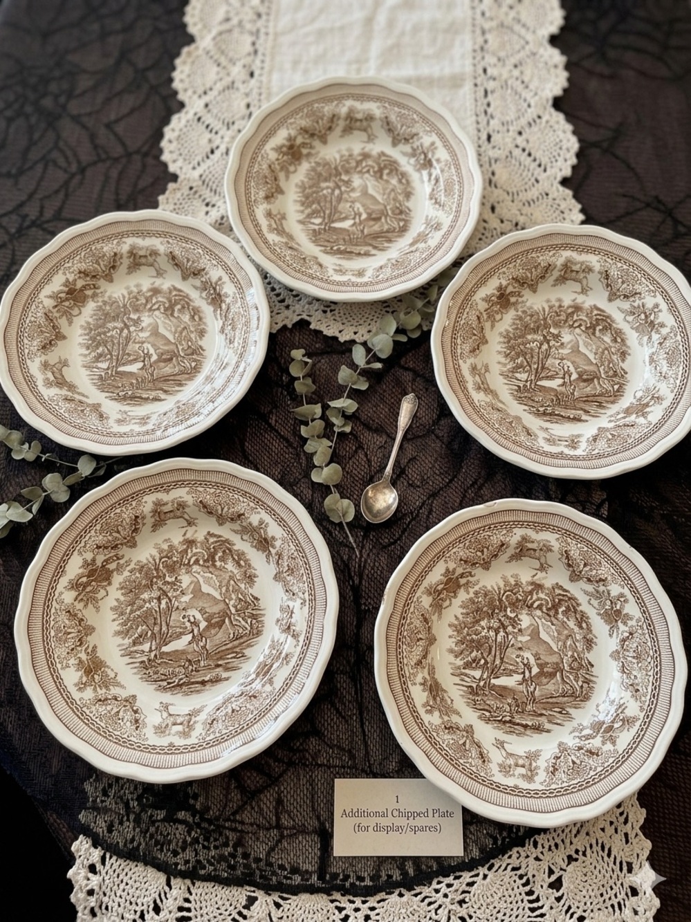 Nuove Fontebassp Set of 5 Brown Transferware Soup Plates